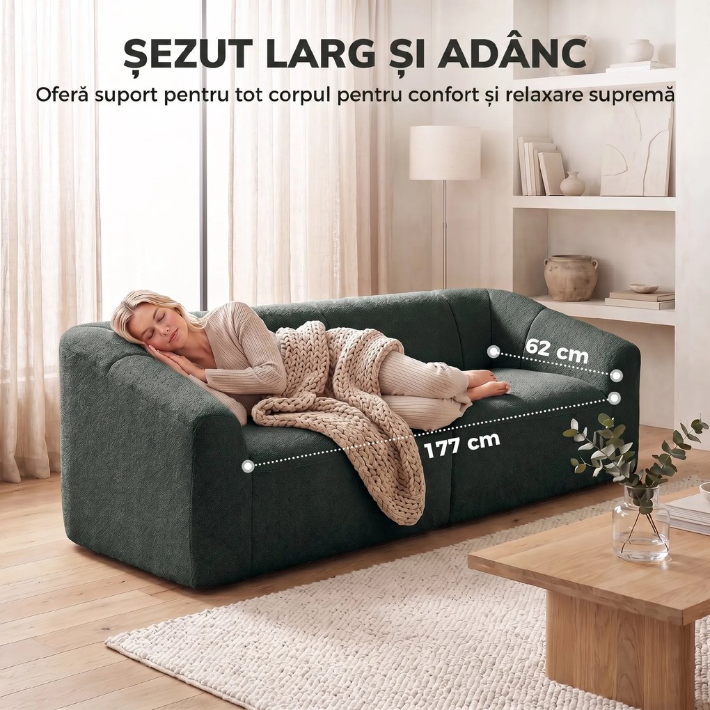 HOMCOM Canapea 3 Locuri fără Structură, cu Șezut Generos și Spumă Groasă, din Chenille, Verde Închis | Aosom Romania