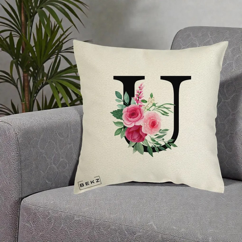 Cadou Personalizat - Perna Personalizata Monograma Florala Litera U, 40x40 cm, Ecru, Husa Detasabila, Perna Inclusa, BEKZ®