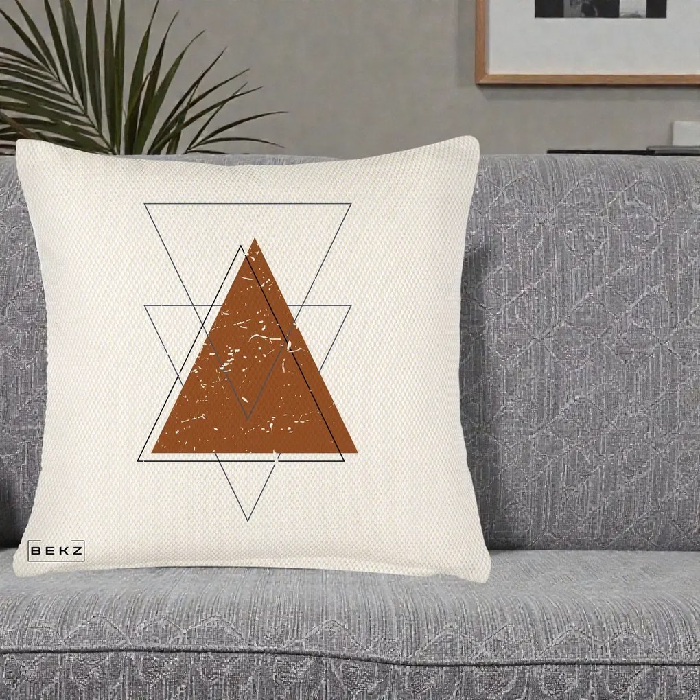 Perna Decorativa Geometric Triunghiuri Sacred, 40x40 cm, Crem Reliefat, Husa Detasabila, Perna Inclusa, BEKZ®