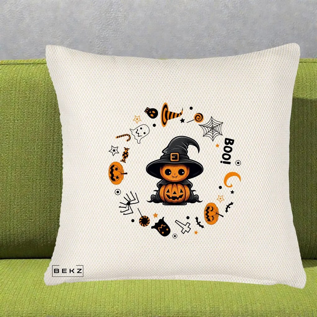 Perna Decorativa Halloween Dovleac Vrajitor Boo cu Simboluri, 40x40 cm, Crem Reliefat, Husa Detasabila, Perna Inclusa, BEKZ®