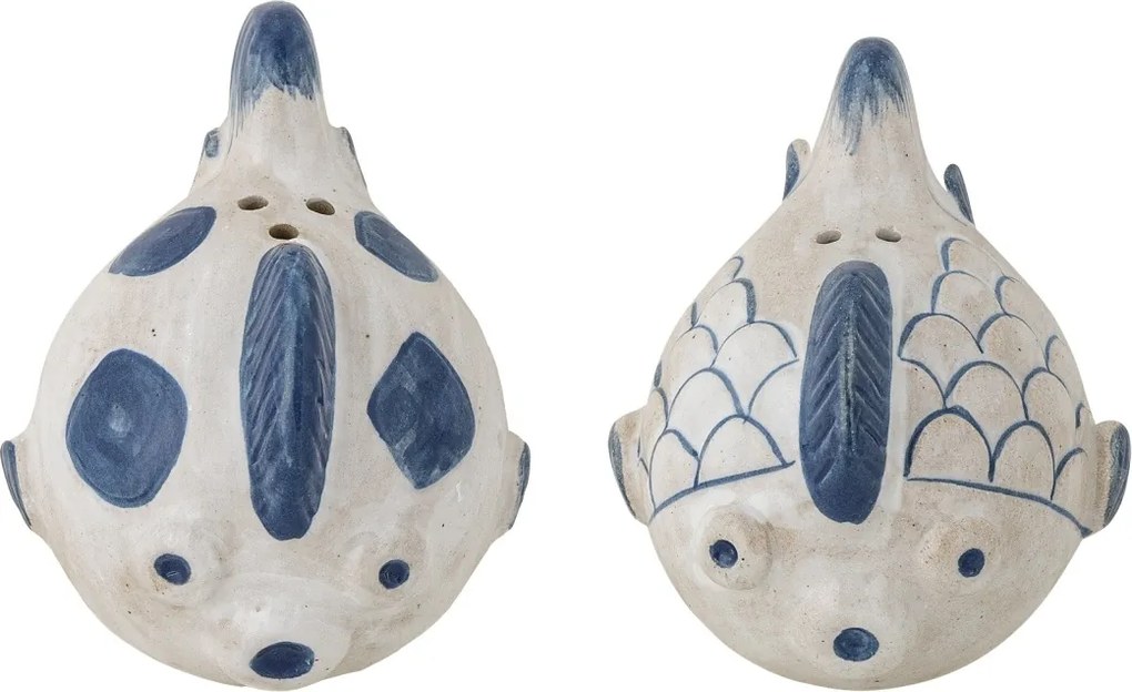 Set solniță și pipernița din ceramică albastră în formă de pești pictați manual, 9,5×6,5×9 cm, „Fugu"