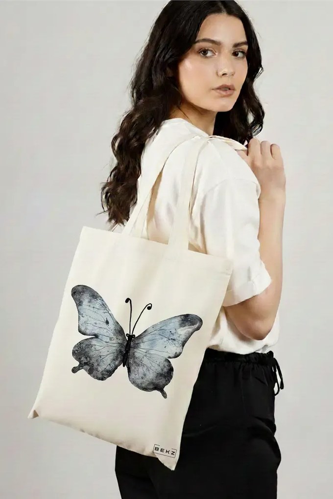 Sacosa de Panza pentru Cumparaturi, Geanta Tote, model Watercolor Butterfly 2, 38x34.5 cm, Alba, BEKZ®