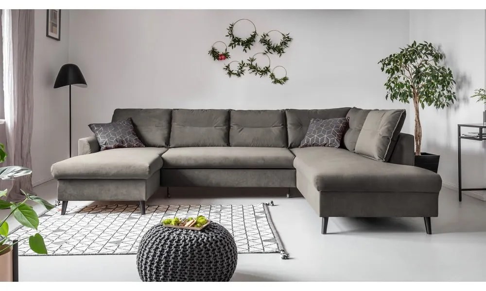 Canapea extensibilă din catifea în formă de „U” cu șezlong pe partea dreaptă Miuform Stylish Stan, gri închis