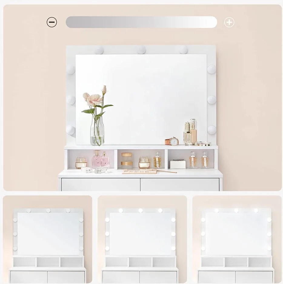 Masuta machiaj cu Oglinda LED si 2 Sertare pentru Cosmetice, Set Masa toaleta 80 cm, Alb, masuta cosmetica, vanity - SEA385