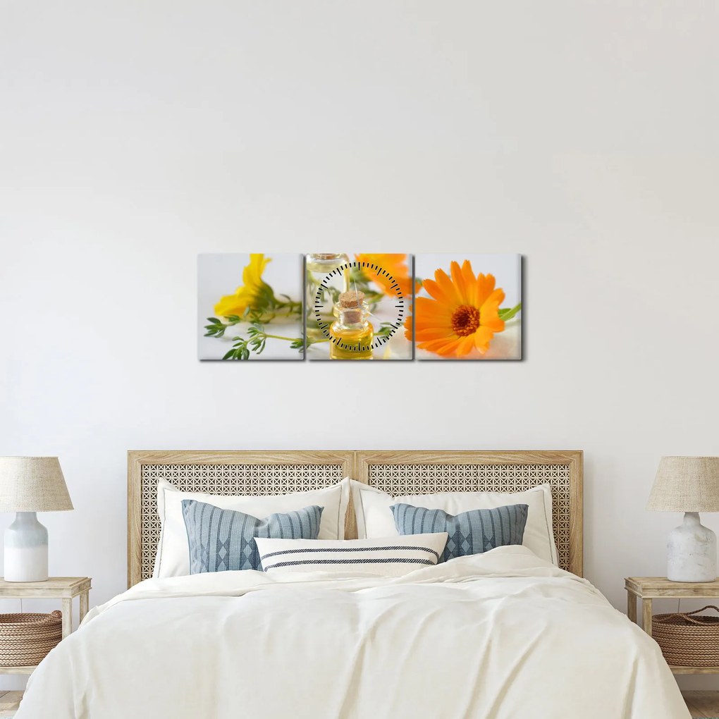 Tablou cu flori portocalii (cu ceas) (90x30 cm)