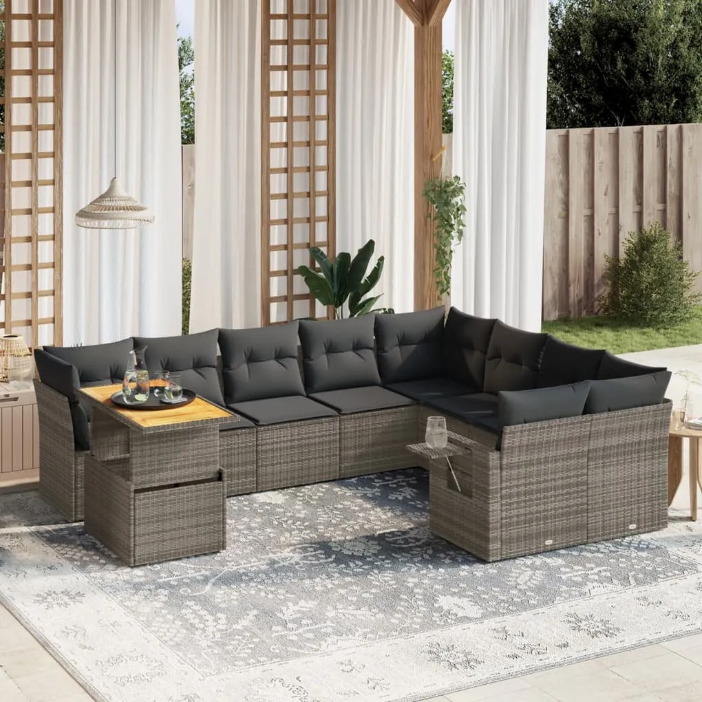 vidaXL Set mobilier de grădină cu perne, 10 piese, gri, poliratan