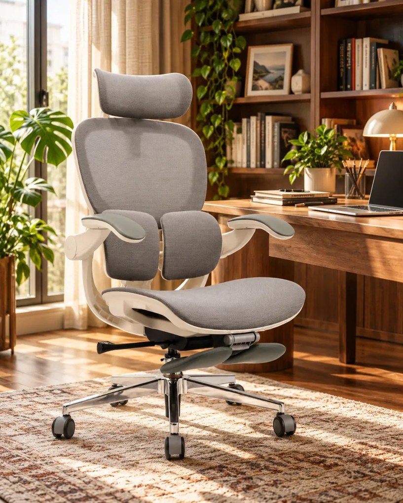 Scaun ergonomic MORATTI D5, Suport lombar dual 360°, Tetieră 4D, Șezut Zero-Pressure Frameless Mesh, Cotiere Flip-Back 4 poziții, Reclinare 135°, Suport picioare, Gri