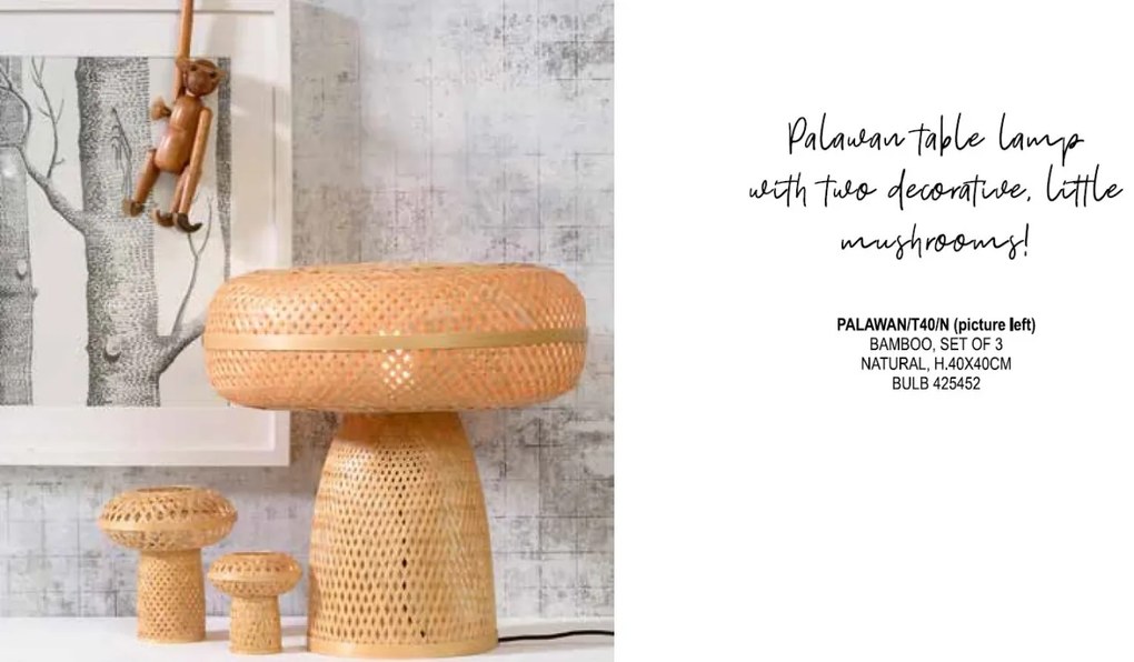 Set de 3 piese, lampa de masa cu 2 ciupercute decorative din bambus Palawan natur