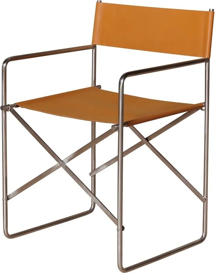 Scaun dining cu brațe din piele naturală și metal, portocaliu, cu cadru tubular argintiu și picioare în X, pliabil, 77 x 52 x 50 cm, „Cuero”