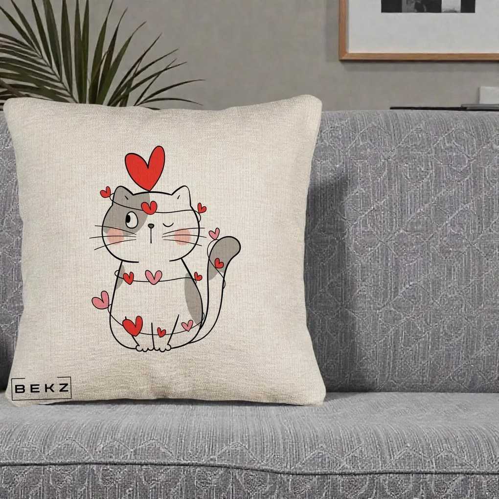 Perna Decorativa Pisica Kawaii cu Inimi, 40x40 cm, Bej Canapea, Husa Detasabila, Perna Inclusa, BEKZ®