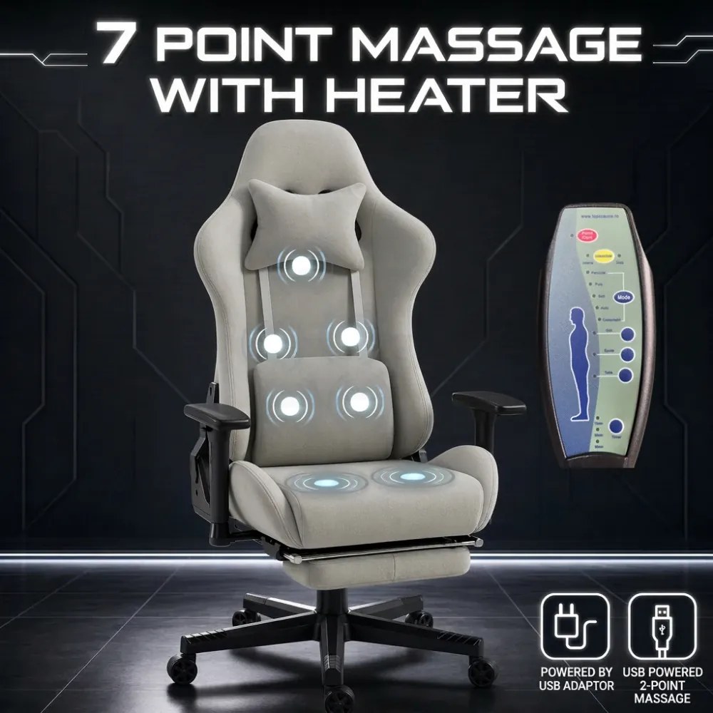 Scaun Gaming cu Masaj 7 Puncte și Încălzire, Telecomanda, Cotiere 3D, Reclinare 180°, Suport Picioare, Catifea, Gri