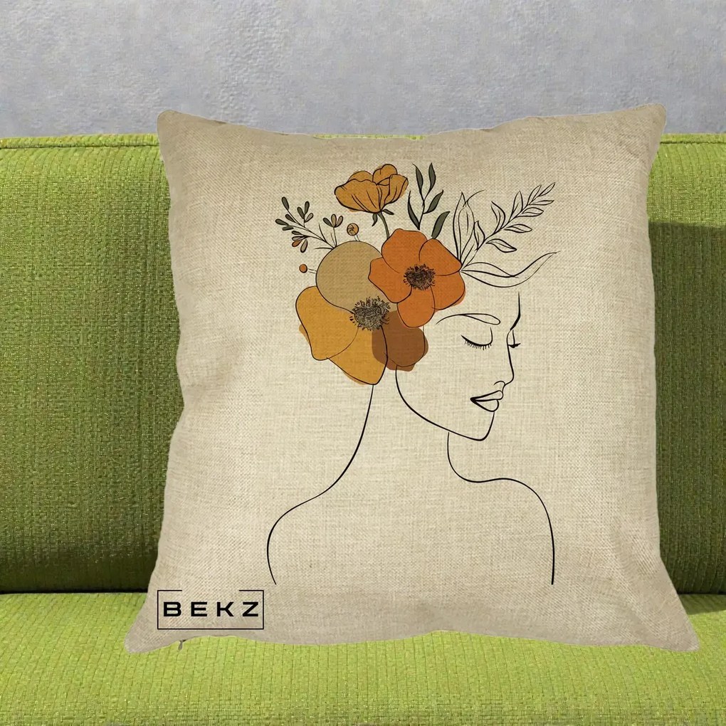Perna Decorativa Portret Feminin Flori Galbene-Portocalii, 40x40 cm, Crem, Husa Detasabila, Perna Inclusa, BEKZ®