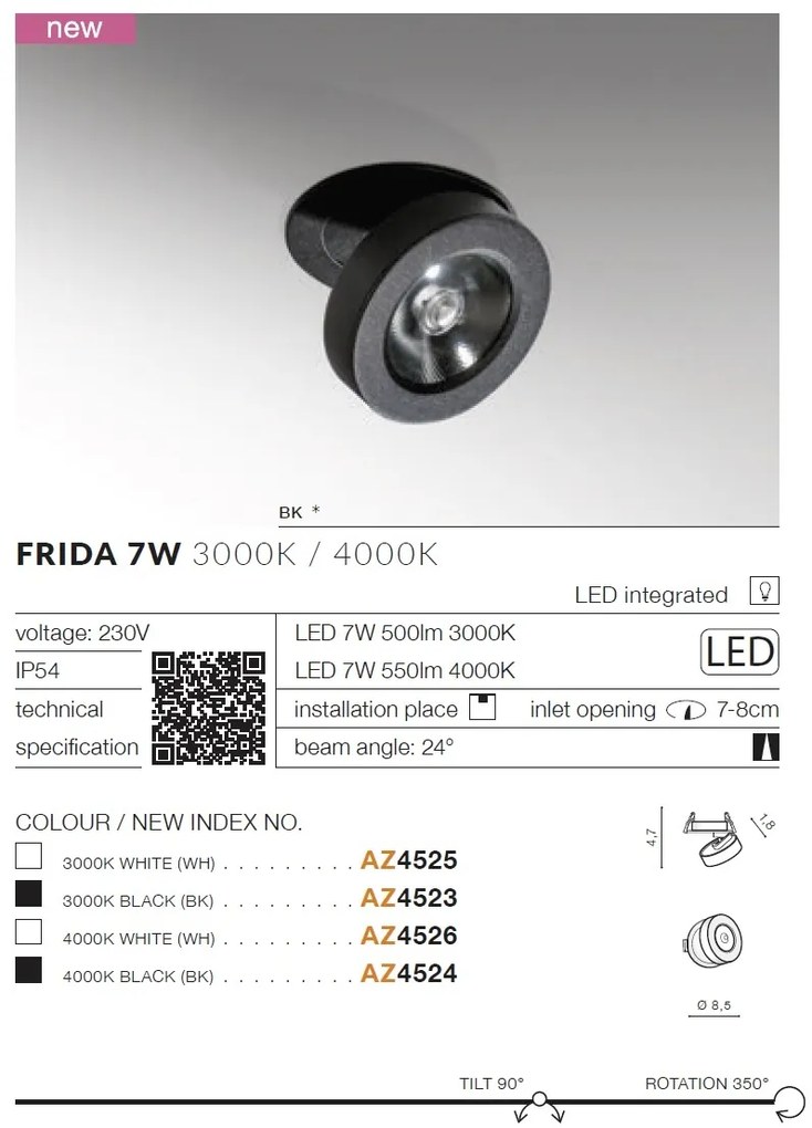 Spot LED incastrat directionabil de tavan/plafon IP54 FRIDA 7W 4000K negru
