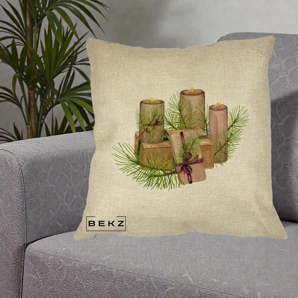 Perna Decorativa Lumanari cu Cadouri Naturale, 40x40 cm, Crem, Husa Detasabila, Perna Inclusa, BEKZ®