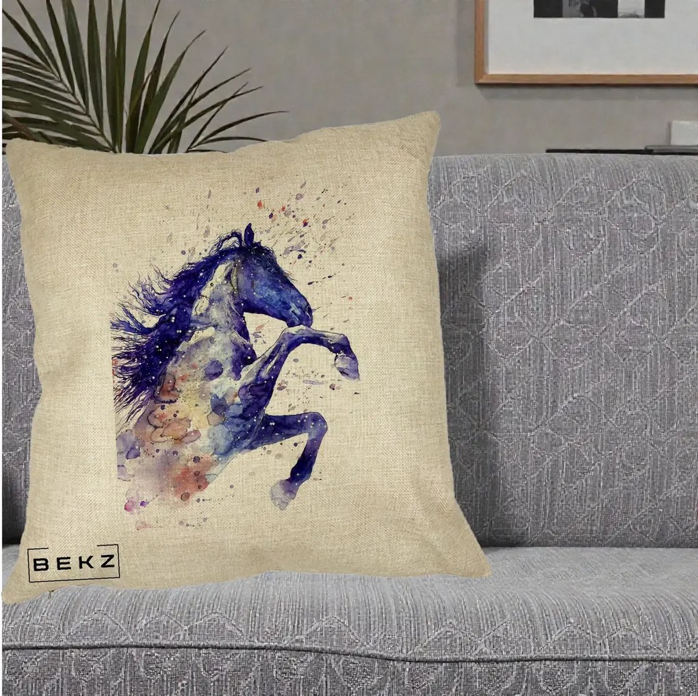 Perna Decorativa Cal Albastru Acuarela, 40x40 cm, Crem, Husa Detasabila, Perna Inclusa, BEKZ®