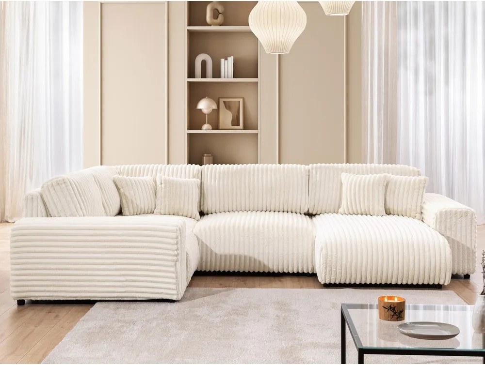 Colțar crem cu tapițerie din catifea reiată (cu colț pe partea stângă/în formă de "U") Justin – Ropez