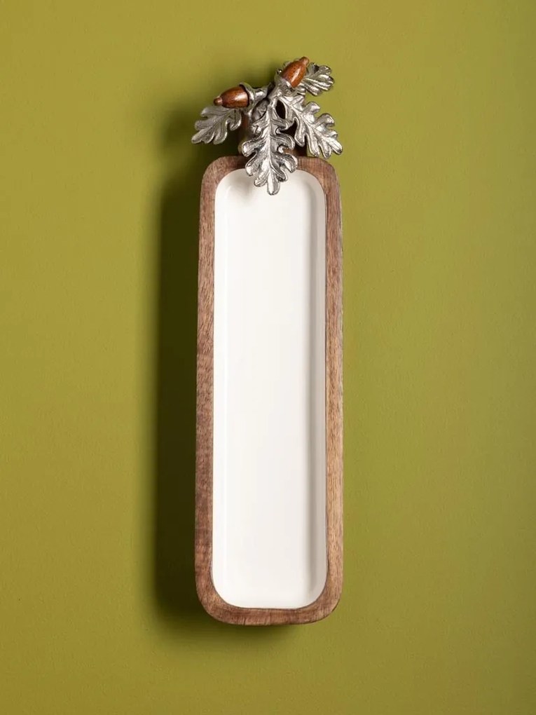 Platou decorativ din lemn de mango decorat cu ghinde și frunze de stejar din aluminiu auriu și argintiu, formă dreptunghiulară, 2 × 38 × 10 cm,