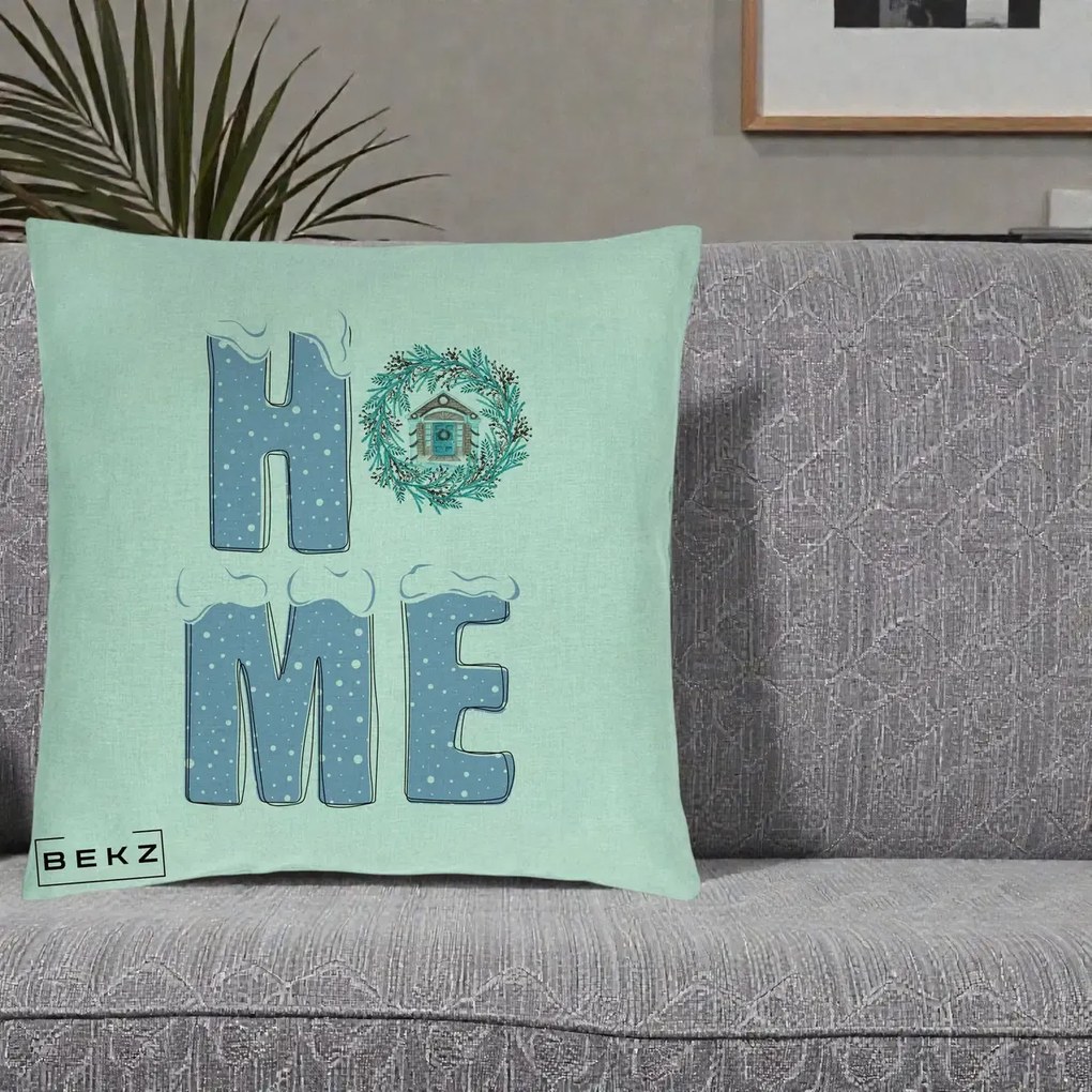 Perna Decorativa HOME Iarna cu Coroana, 40x40 cm, Verde Menta, Husa Detasabila, Perna Inclusa, BEKZ®