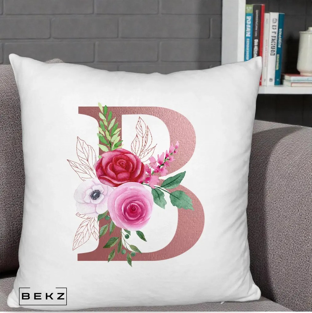 Cadou Personalizat - Perna Personalizata Monograma Rose Gold Litera B, 40x40 cm, Alb Pufos, Husa Detasabila, Perna Inclusa, BEKZ®
