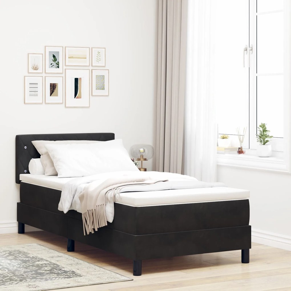vidaXL Pat box spring cu saltea, negru, single, catifea