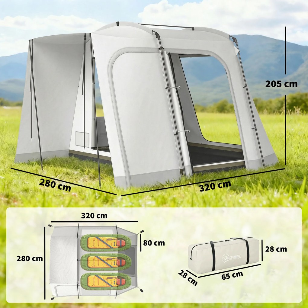 Outsunny Cort hayon pentru 2-4 persoane, 320 x 280 x 205 cm, cort auto 2 în 1 impermeabil, cort tip tunel cu 4 uși, fereastră, prelată pentru podea | Aosom Romania