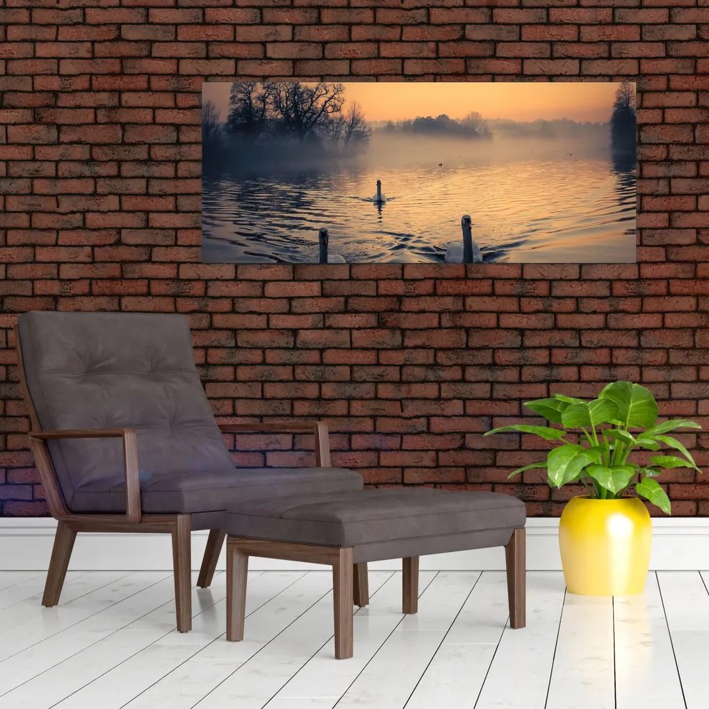 Tablou cu lebăde pe apă în ceață (120x50 cm)