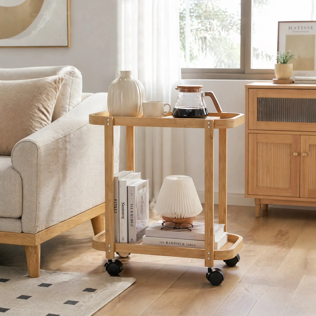 HOMCOM Cărucior de bucătărie din bambus 2 niveluri Cărucior auxiliar pentru bucătărie cu roți 2 rafturi 54x36,5x60 cm Natural | Aosom Romania