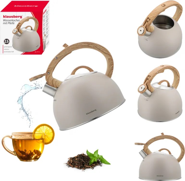Fierbător fluierător Klausberg KB 7913, 2.5 L, Mâner cu efect de lemn, Inducție, Bej