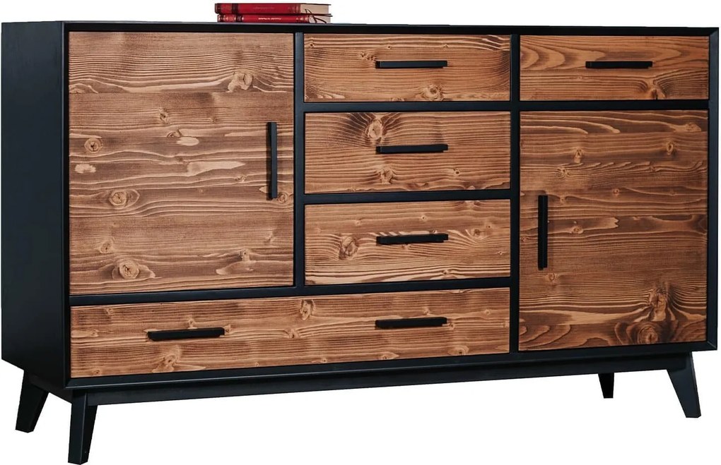 Comodă lemn masiv Timeless 5 Sertare 2 Uși Negru, 146 × 45 × 85 cm
