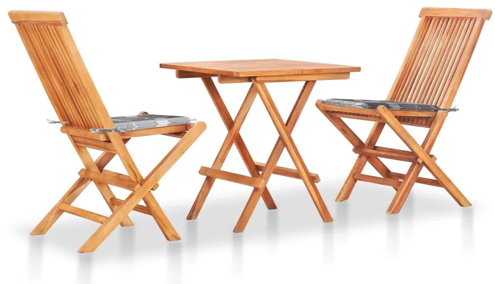 vidaXL Set bistro cu perne gri carouri, 3 piese, lemn masiv de tec