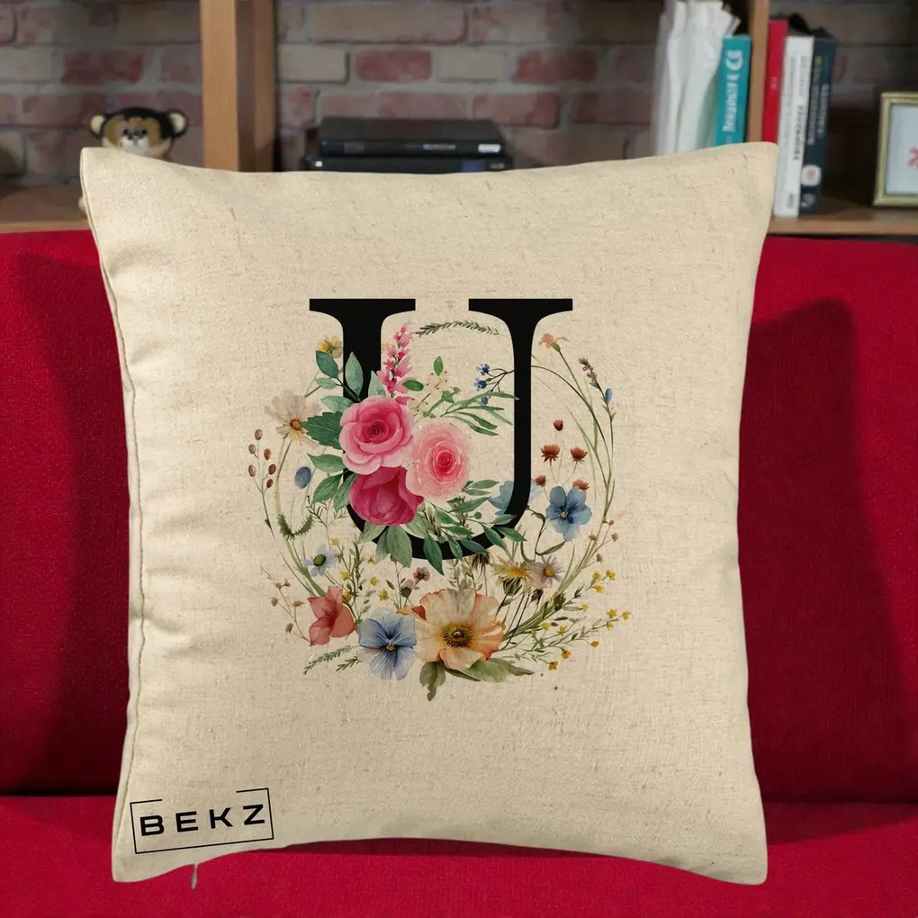 Cadou Personalizat - Perna Personalizata Monogram Litera U cu Flori Acuarela, 40x40 cm, Bej, Husa Detasabila, Perna Inclusa, BEKZ®