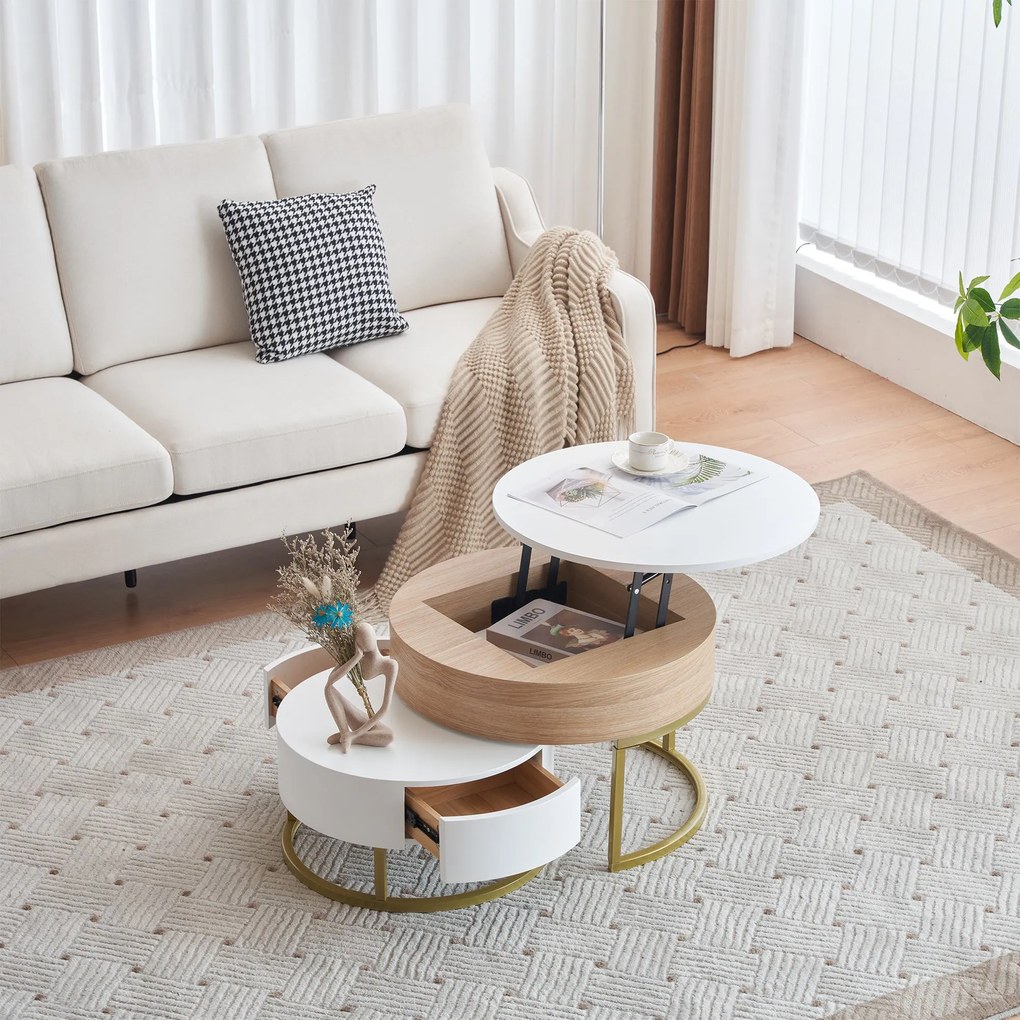 Set de Măsuțe de Cafea Suprapozabile Reglabile pe Înălțime cu Două Sertare, Design Elegant din MDF, 70x70x42/56,5 + 60x60x24 cm, Alb