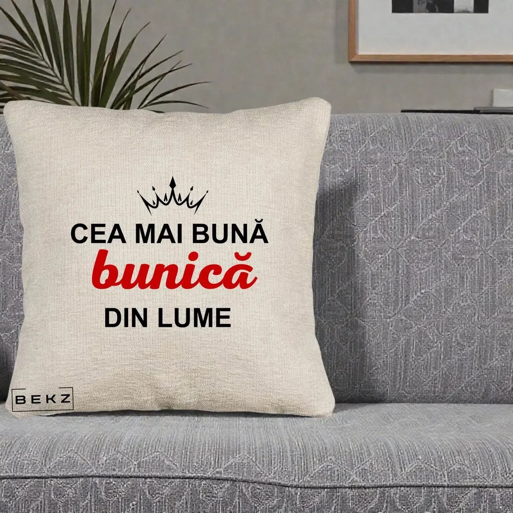 Cadou pentru Bunica - Perna Personalizata Cea Mai Buna Bunica Din Lume Coroana Neagra, 40x40 cm, Bej Canapea, Husa Detasabila, Perna Inclusa, BEKZ®