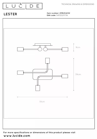 Lucide 21118/04/02 - Lustru aplicat LESTER, 4xE27/40W/230V, auriu