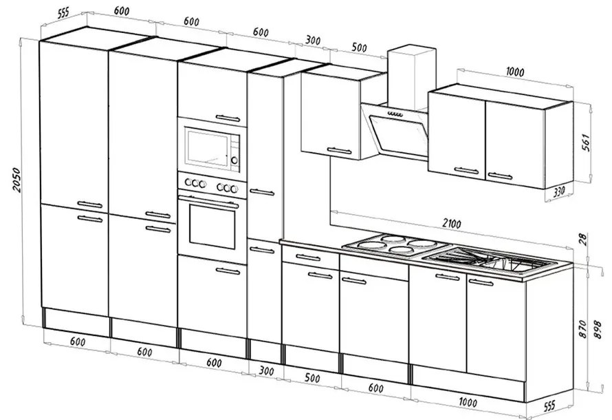 Mobilă de bucătărie Yorki 420, corp din stejar Yorki, față antracit satinat, frigider cu congelator în partea de jos