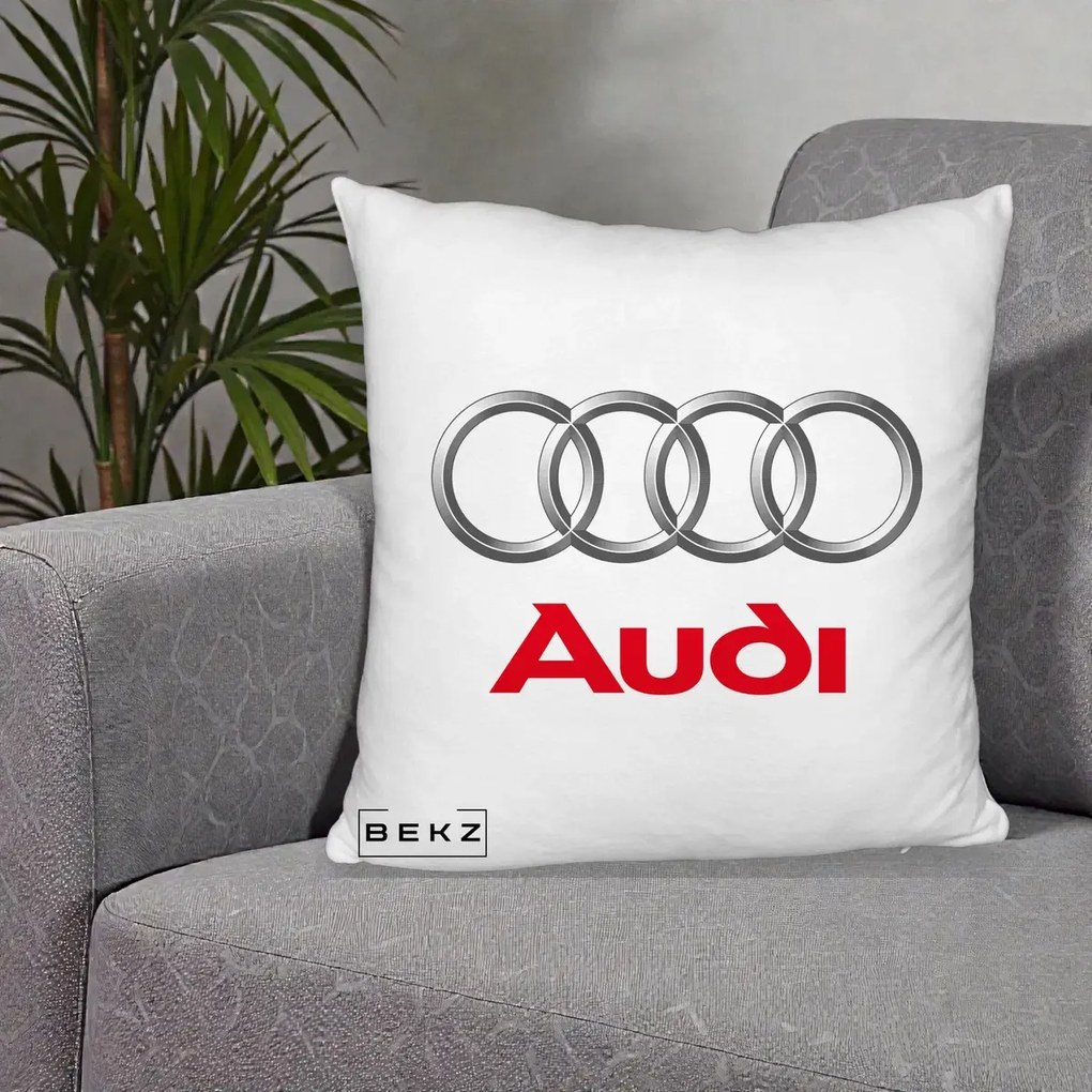 Perna Personalizata cu emblema Audi, 40x40 cm, Alb Pufos, Husa Detasabila, Perna Inclusa, BEKZ®