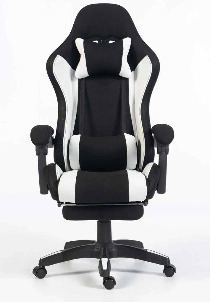 ALFORD Scaun gaming cu Masaj in 5 puncte, Perna lombara cu Masaj, Sistem iluminare banda LED RGB, Boxe Bluetooth, suport picioare, textil, Negru