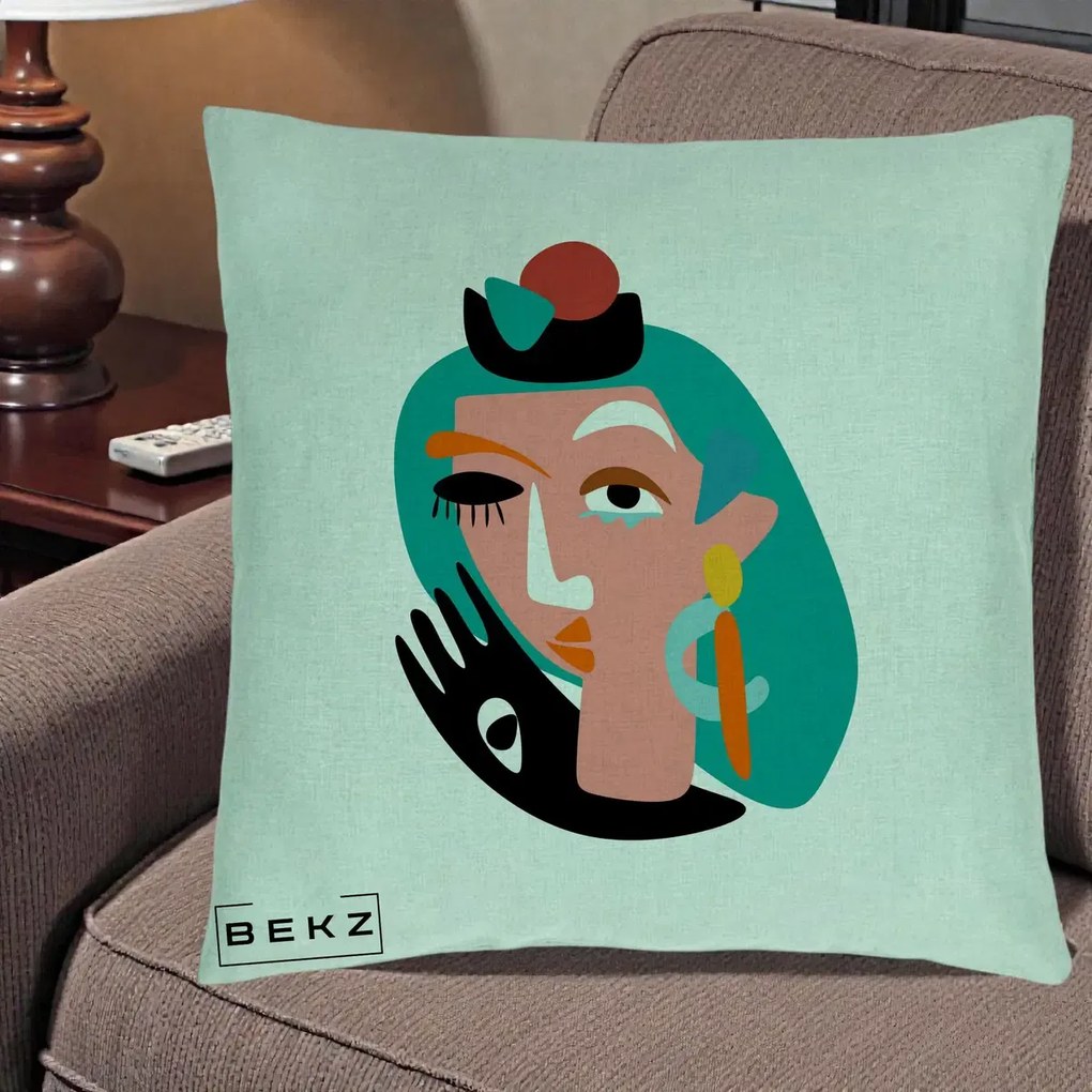 Perna Decorativa Portret Abstract Matisse Turcoaz, 40x40 cm, Verde Menta, Husa Detasabila, Perna Inclusa, BEKZ®