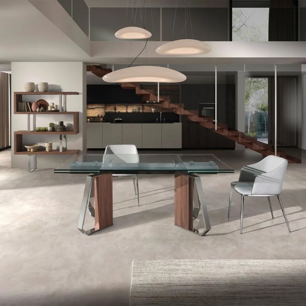 Masa extensibila design LUX Sticla, Furnir de Nuc, Otel 1159