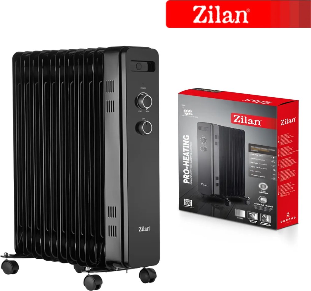 Calorifer electric zilan ZLN8450 Negru, putere 2500W, 11 elementi, siguranta la cadere