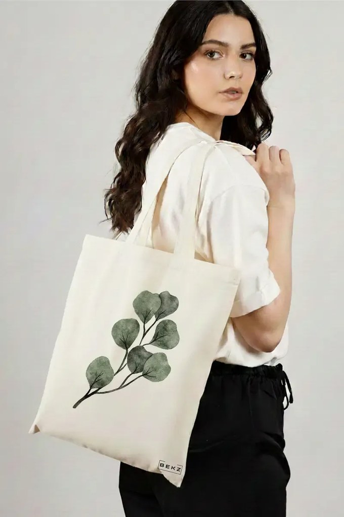 Sacosa de Panza pentru Cumparaturi, Geanta Tote, model Watercolor Leaves, 38x34.5 cm, Alba, BEKZ®