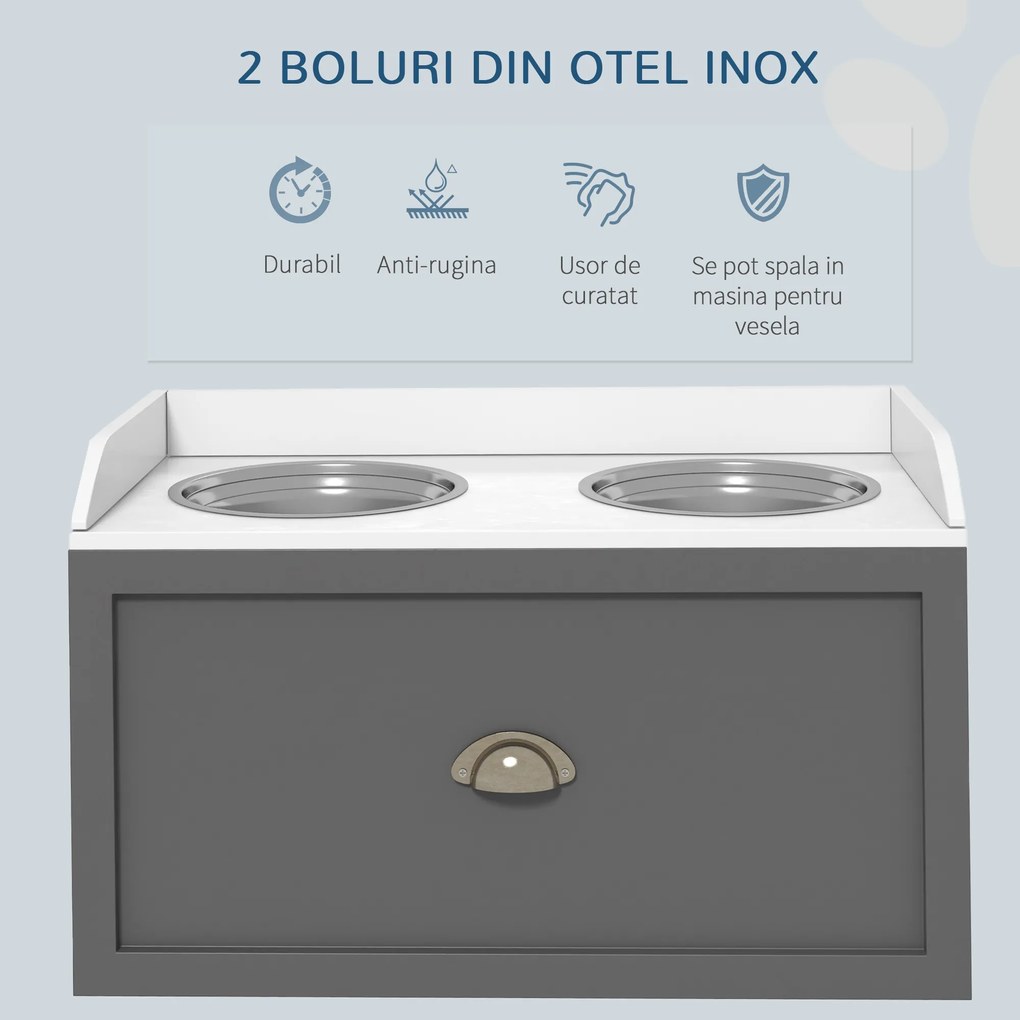 PawHut Boluri Înălțate pentru Câini din Oțel Inoxidabil și Lemn cu Sertar, 60x30x36 cm, Gri | Aosom Romania
