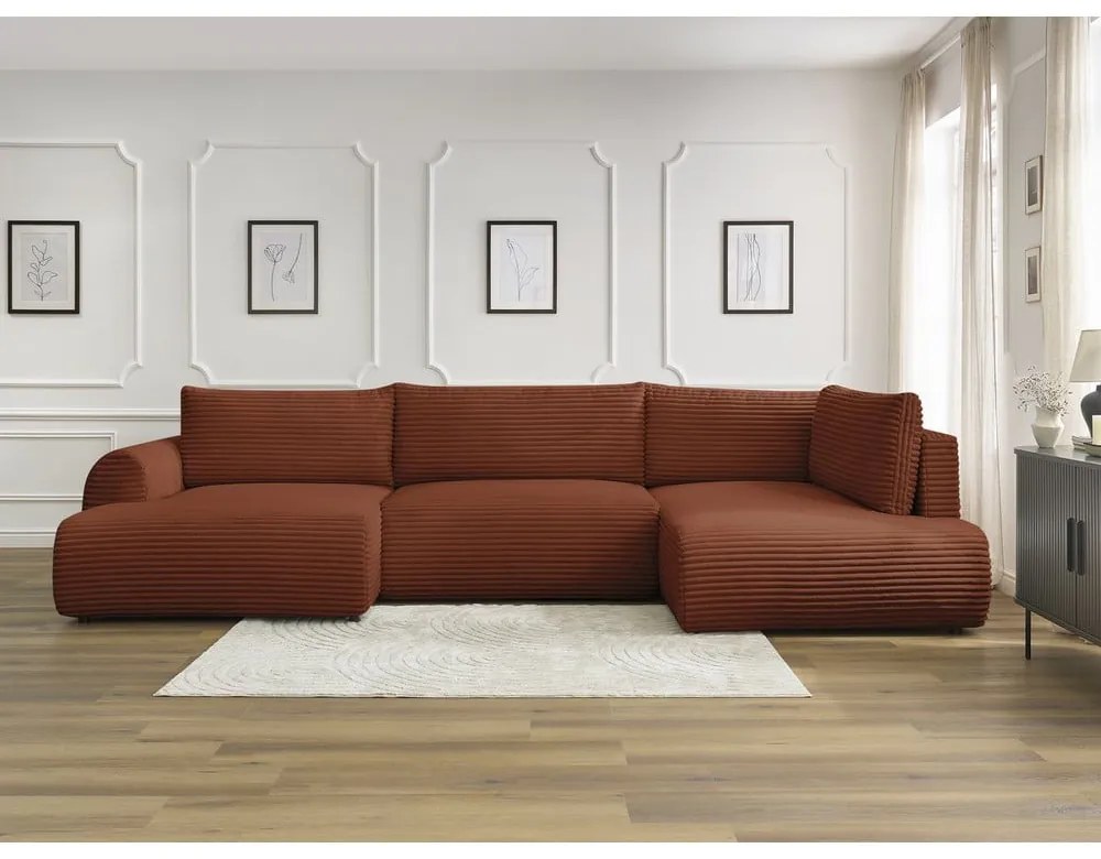 Colțar cărămiziu extensibil/cu spațiu de depozitare cu tapițerie din catifea reiată (cu colț pe partea dreaptă/în formă de "U") Lucien – Bobochic Paris