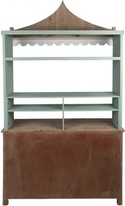 Bufet din lemn, verde, cu 2 uși, rafturi deschise și copertină cu festoane, aspect vintage, finisaj antichizat, 212 x 120 x 45 cm, „Gordes”