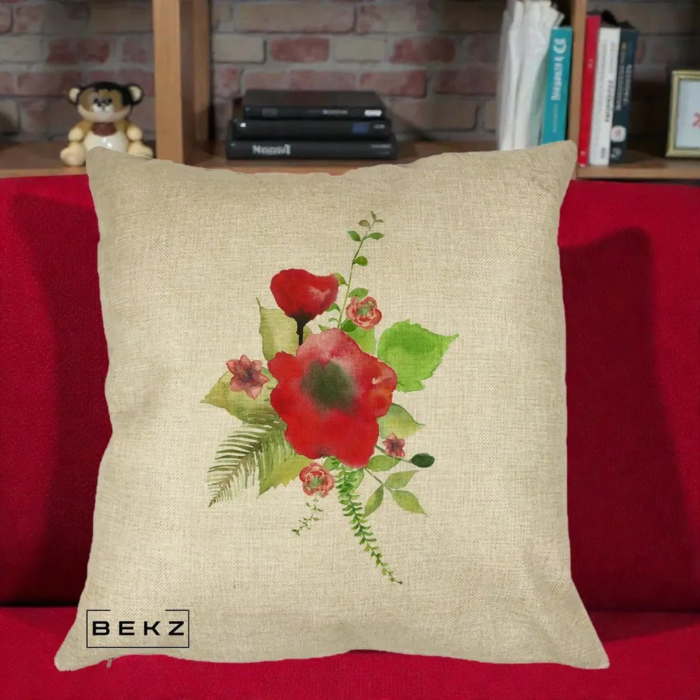 Perna Decorativa Buchet Rosu Acuarela, 40x40 cm, Crem, Husa Detasabila, Perna Inclusa, BEKZ®
