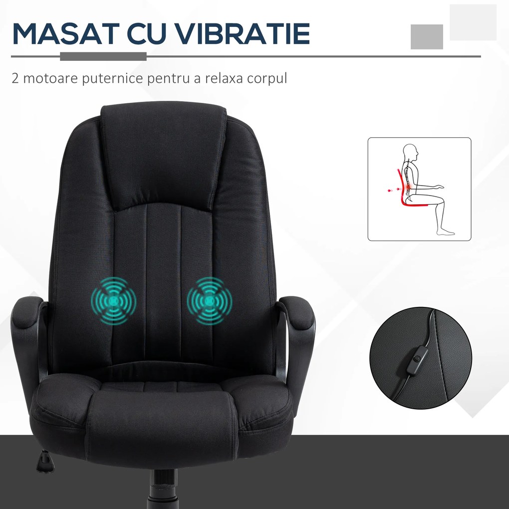Fotoliu Birou cu Masaj, Interfata USB si Inaltime Reglabila, Tesatura efect in, Roti pivotante 60x74x106-116cm, Negru Vinsetto | Aosom Romania