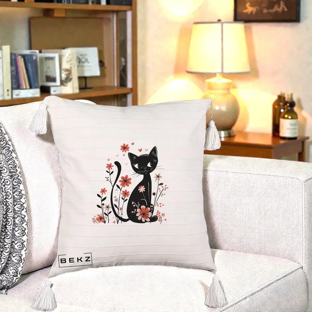 Perna Decorativa Pisica Neagra Flori Roz si Inimi, 40x40 cm, Bej cu Franjuri, Husa Detasabila, Perna Inclusa, BEKZ®