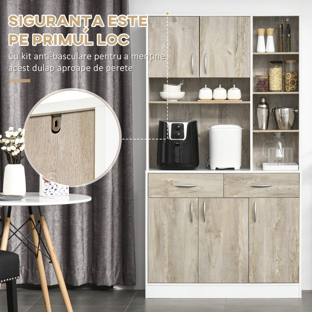 HOMCOM Bufet de Bucătărie Spațios, Dulap cu Sertare și Uși, Design Modern, 100x39x180 cm, Alb și Lemn Natural | Aosom Romania