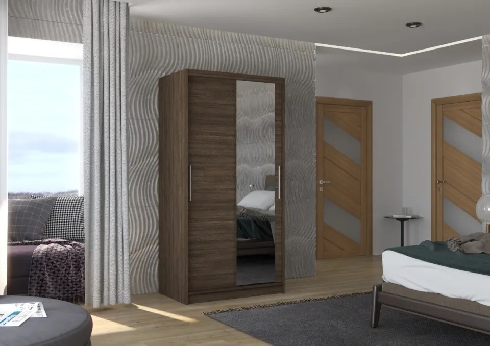 Dulap cu usi glisante si oglinda 100x200 cm, Baros, ADRK Furniture (Culoare: Alb / Sonoma)