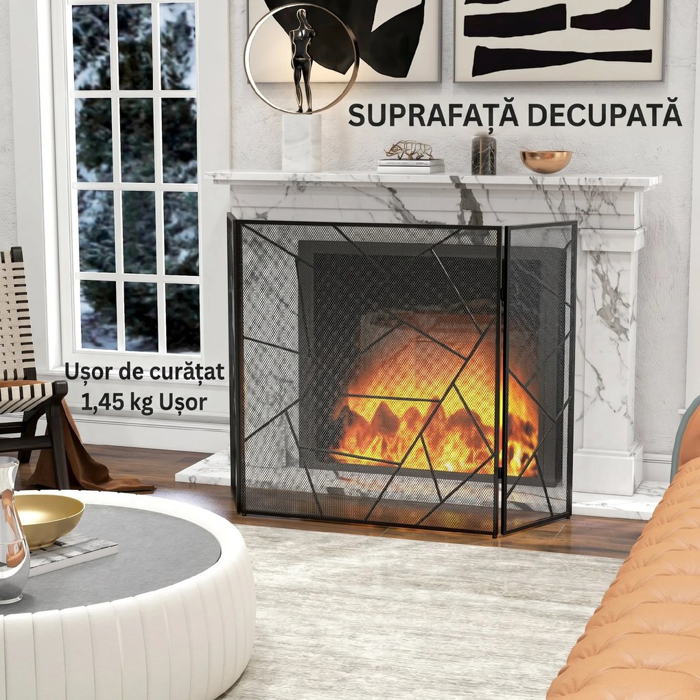 HOMCOM Paravan Pliabil Anti-Scântei pentru Șemineu cu 3 Panouri, 135x1,2x85 cm, Negru | Aosom Romania